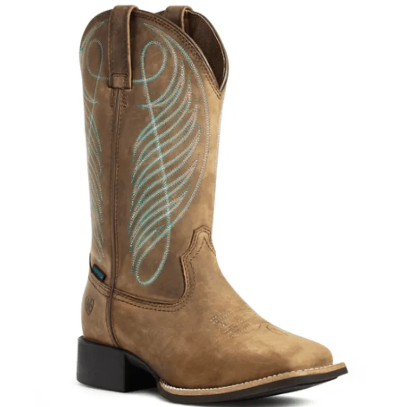 Ariat Women's Round Up Distressed Brown Wide Square Toe Waterproof Western Boot 10036041
