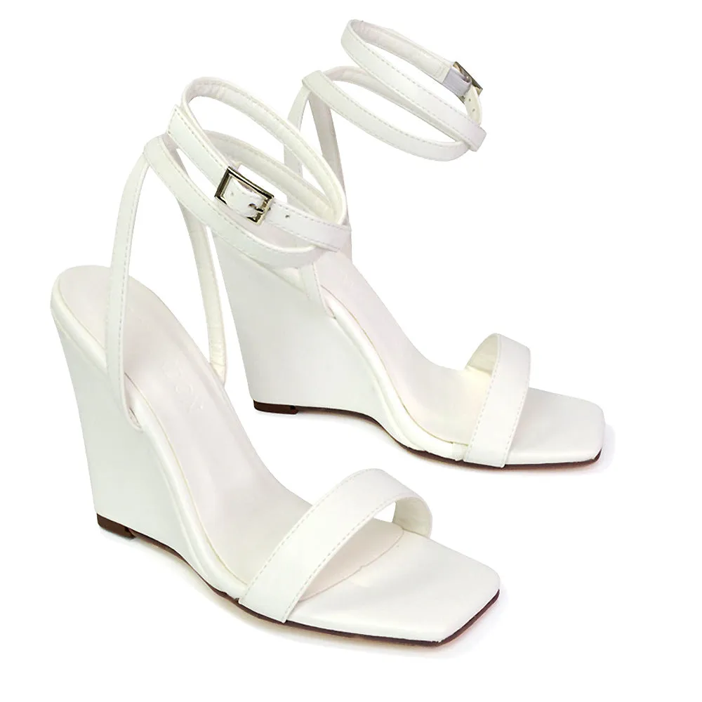 Collins Strappy Ankle Strap Wedge High Heels Square Toe Shoes in Lilac