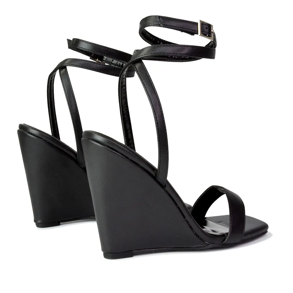 Collins Strappy Ankle Strap Wedge High Heels Square Toe Shoes in Lilac