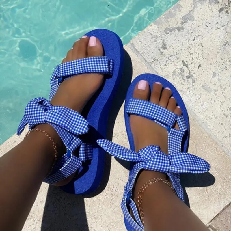 Fashionkova Bowknot Beach Shoes Woman Cute Tie Design Hook Loop Casual Women Flat Sandals Gingham Open Toe Shoes Velcro Sandalia Plataforma