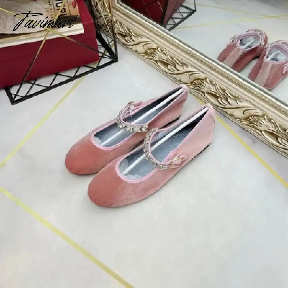 TAVIMART -  New Velvet and Silk Mary Jane Crystal Buckle Shoes Women Lady Female Flat Pumps Instagram Style Casual Solid Black blue