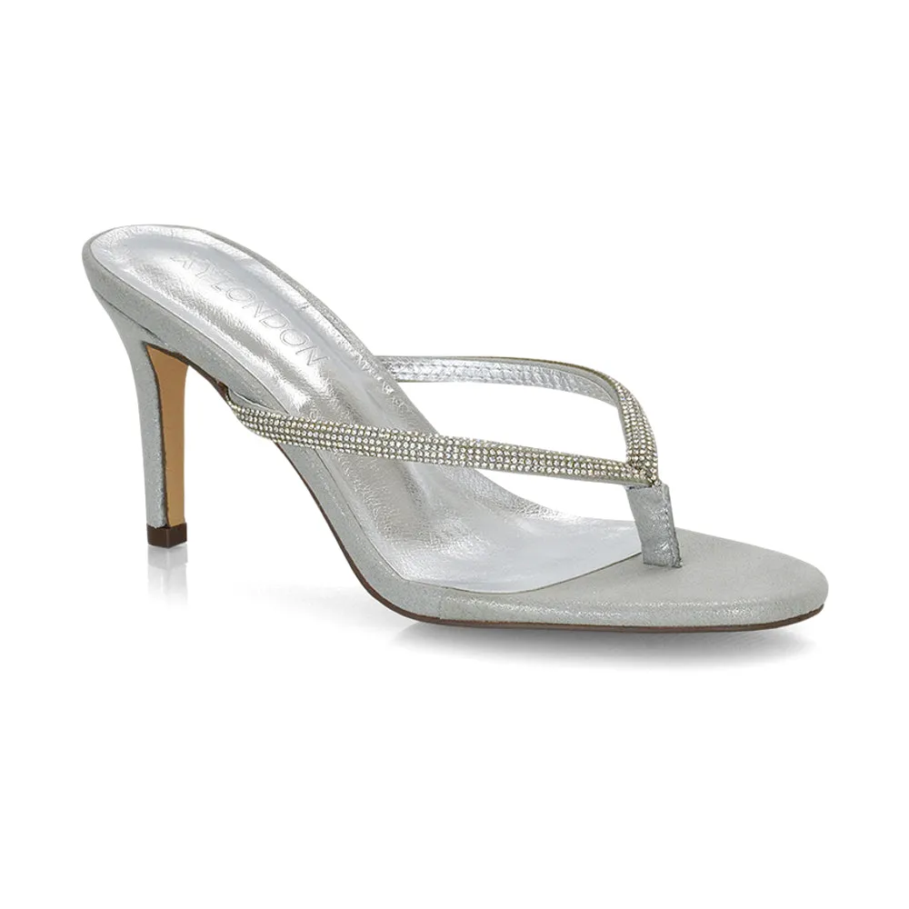 Tiami Thong Strap Slip On Stiletto Diamante Heeled Sandal Mules in Silver