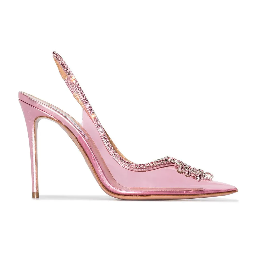 Womens Clear Heels Summer Pointed Toe Chain Sandals with Rhinestones